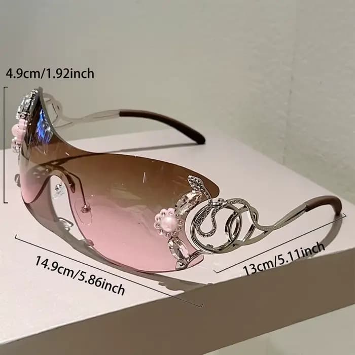 KAMMPT – lunettes de soleil Y2k sans bords avec strass pour femmes, monobloc, décoration extérieure,