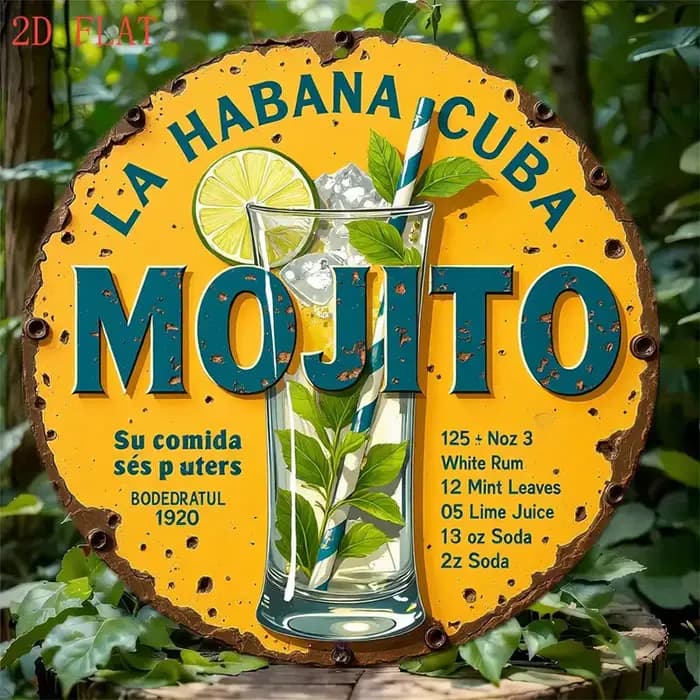 1 plaque vintage avec recette de cocktail Mojito - Décoration de bar cubain avec citron vert, menthe