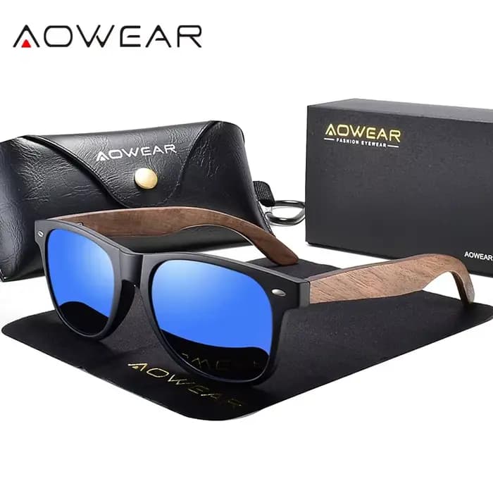 AOWEAR marque bois Aviation lunettes de soleil pour hommes femmes polarisées UV400 noyer bois Vintag