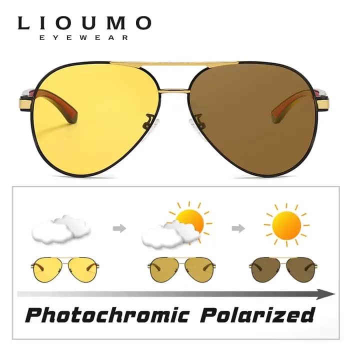 LIOUMO Lunettes de soleil photochromiques de luxe à verres jaunes pour hommes, vision nocturne, anti