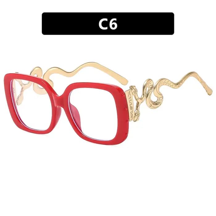 Lunettes Rétro Femme Grande Monture, Verres Plats, Branches Effet Serpent, Anti-Lumière Bleue, Forme