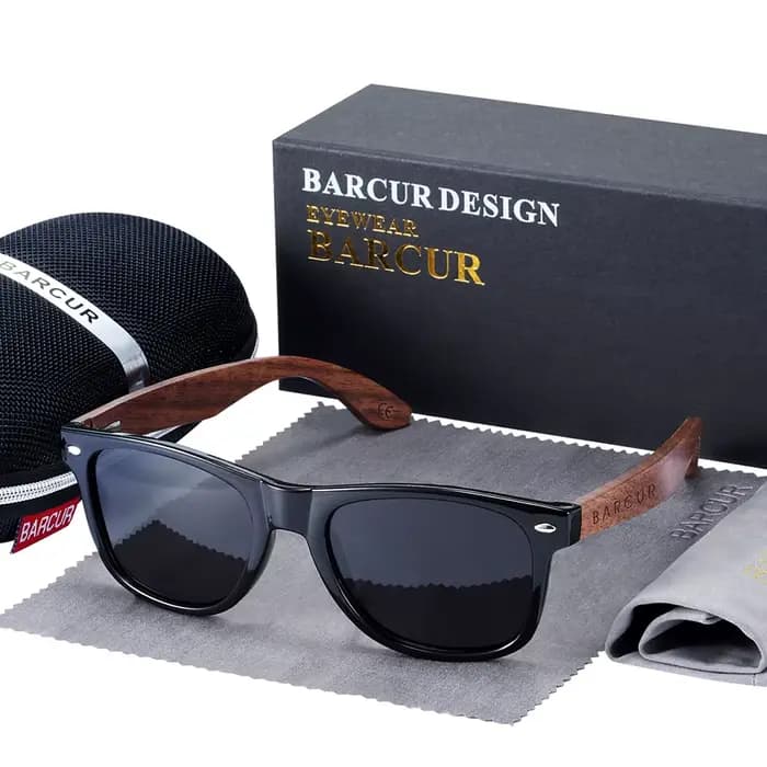 BARCUR-Lunettes de soleil polarisées carrées en bois pour homme, accessoire de haute qualité, boîte 
