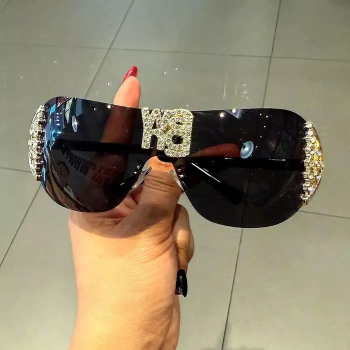 Lunettes de soleil de luxe y2k sans monture pour femmes, avec lettres en strass, de marque de stylis