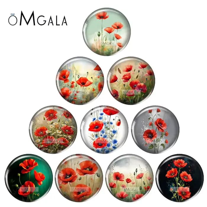 Peintures artistiques de fleurs de pavot rouge aquarelle, 12mm/16mm/18mm/25mm, photo ronde, cabochon