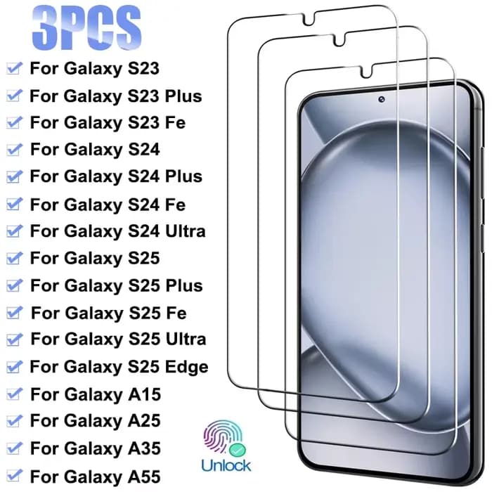 3 pièces verre trempé pour Samsung Galaxy S23 S24 S25 Plus Fe A05S A15 A25 A35 A55 protecteur d'écra