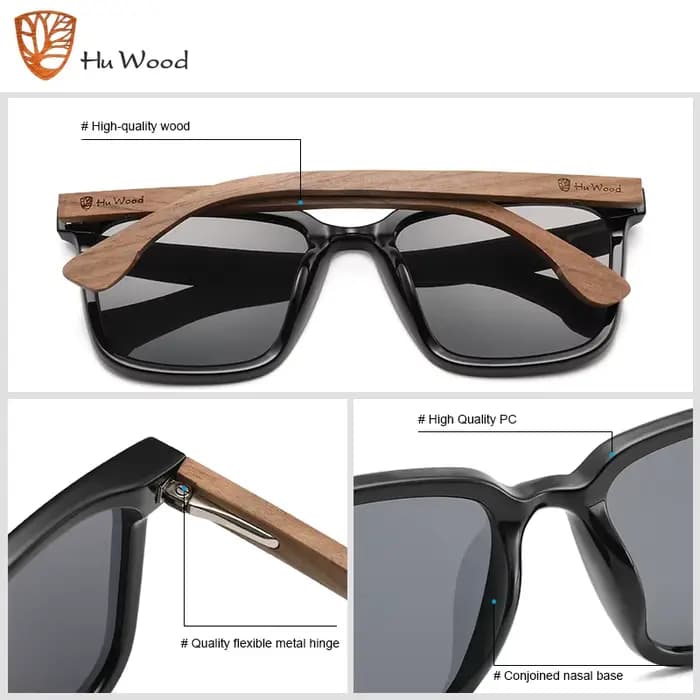 Hu bois carré hommes femmes lunettes de soleil polarisées lunettes de soleil lentilles bleues jambes