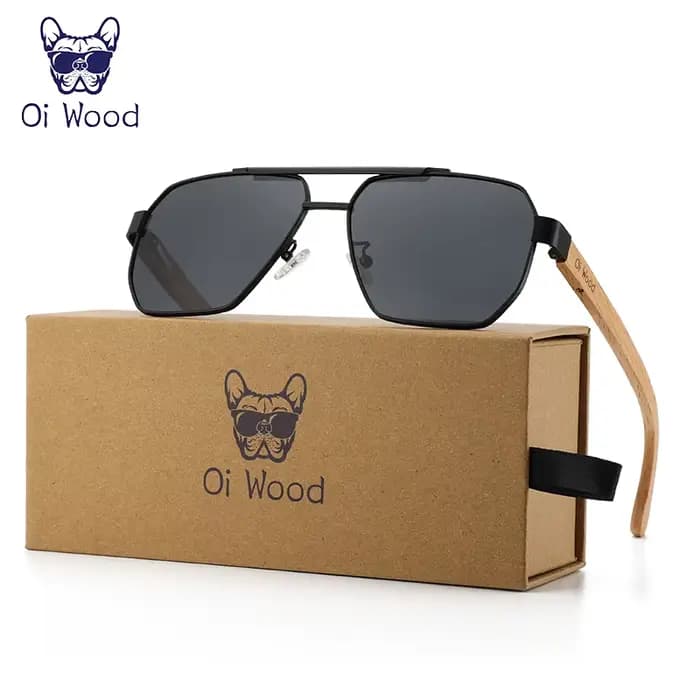 Lunettes de soleil en bois pour hommes et femmes, carrées en métal, lentille bleue, Protection UV, n