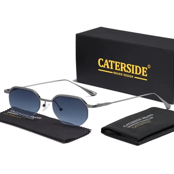Caterside Nouvelles Lunettes de Soleil Rétro à Monture Fine pour Hommes, Verres Polygonaux, Lunettes