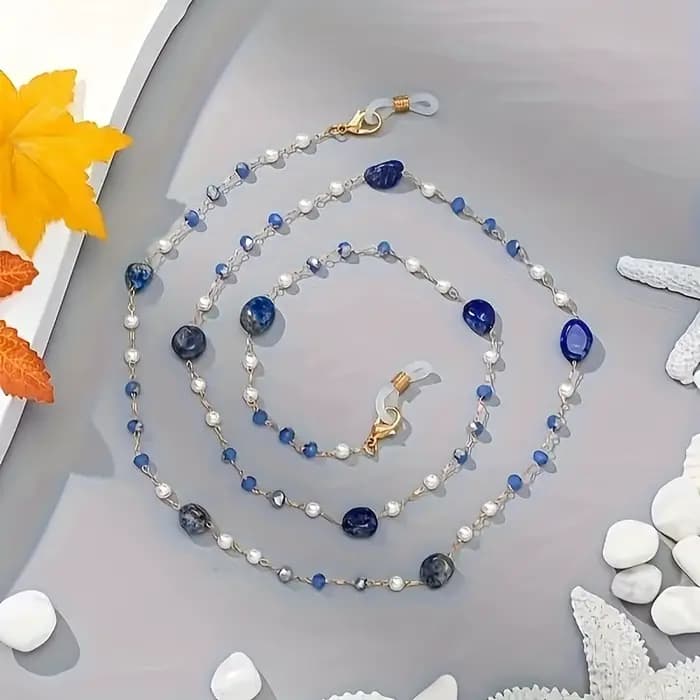 Chaîne de lunettes faite à la main pour l'été, chaîne suspendue de luxe en perles de cristal bleu ma