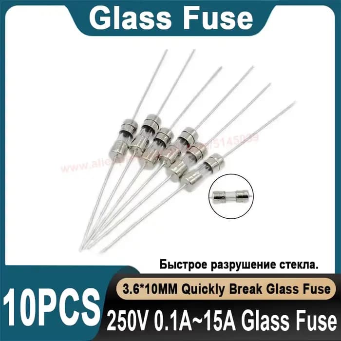 Fusible en verre à rupture rapide, 3.6x10mm, 3.6x10mm, 250V, 0,1a, 0,2a, 0,25a, 0,5a, 0,75a, 1A, 1,6