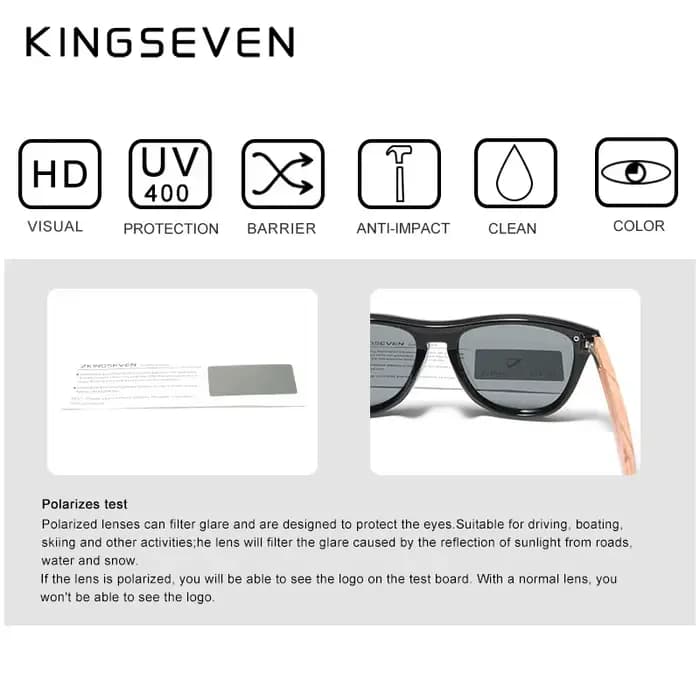KINGSEVEN-Lunettes de soleil polarisées en bois pour hommes et femmes, moteurs naturels
