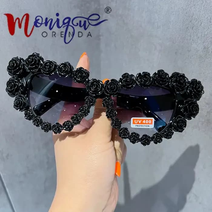 Lunettes de soleil yeux de chat baroques pour femmes, vintage, sexy, fleur noire, lunettes de soleil