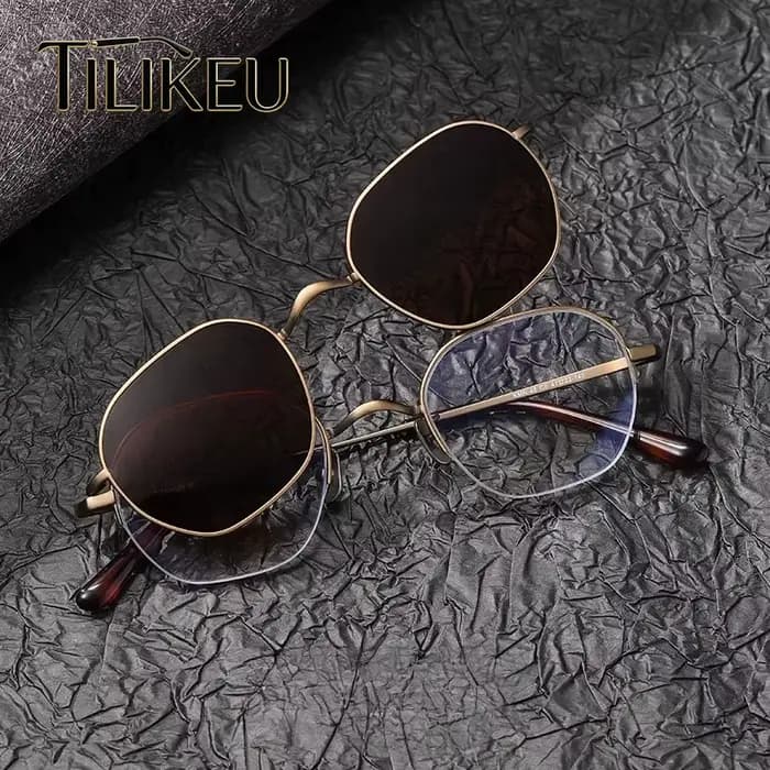 Nouvelles Lunettes Magnétiques Homme Clip-On Rétro Polygone Titane Pur Semi-Cerclées Pêche Polarisée