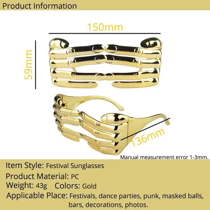Lunettes à doigts dorés pour hommes, Points de Festival, une pièce, barre argentée pour fête, Cospla