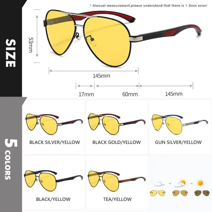 LIOUMO Lunettes de soleil photochromiques de luxe à verres jaunes pour hommes, vision nocturne, anti