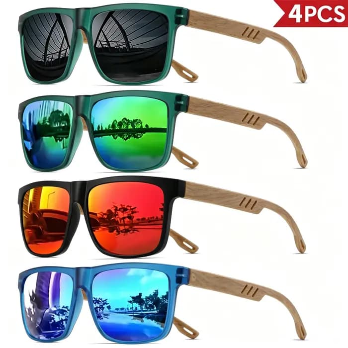 Ensemble de 4 lunettes de soleil style grain de bois – Montures carrées classiques rétro, design con