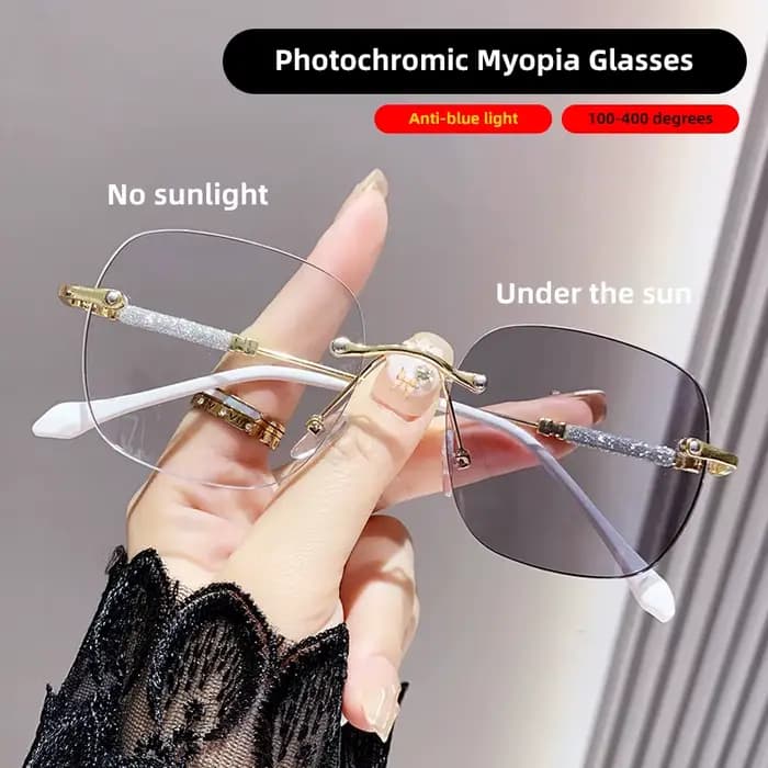Lunettes de myopie photochromiques sans bords pour femmes, Anti-lumière bleue, optique d'ordinateur,