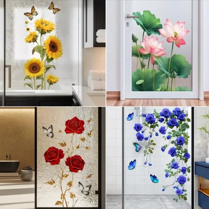 Autocollant mural en verre à motifs de fleurs et de feuilles, amovible, auto-adhésif, en PVC, pour salle de bain, bureau, chambre à coucher, décoration de confidentialité, imperméable