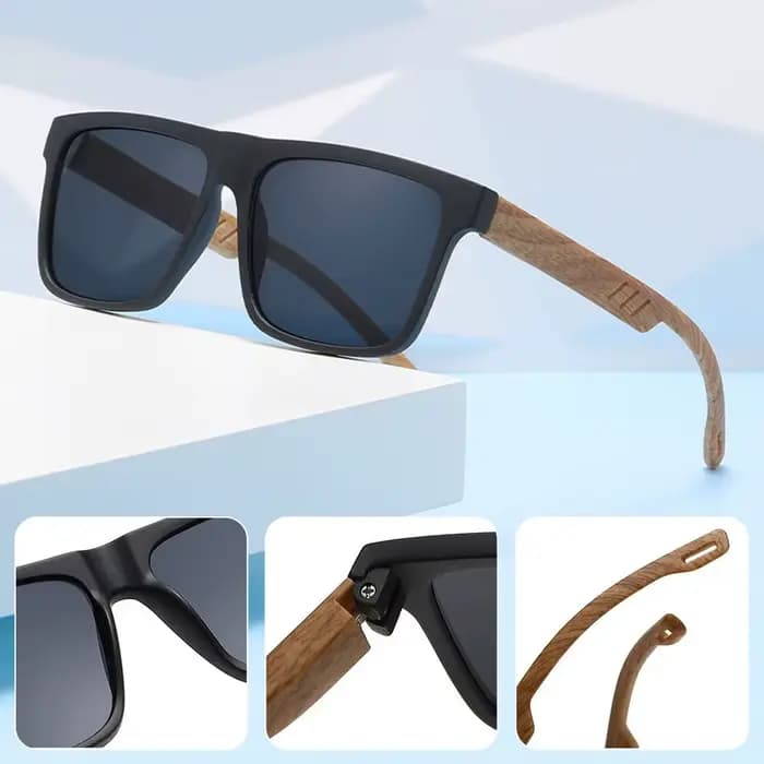 Lunettes de soleil rétro décontractées à monture carrée en bois grainé avec charnières à ressort