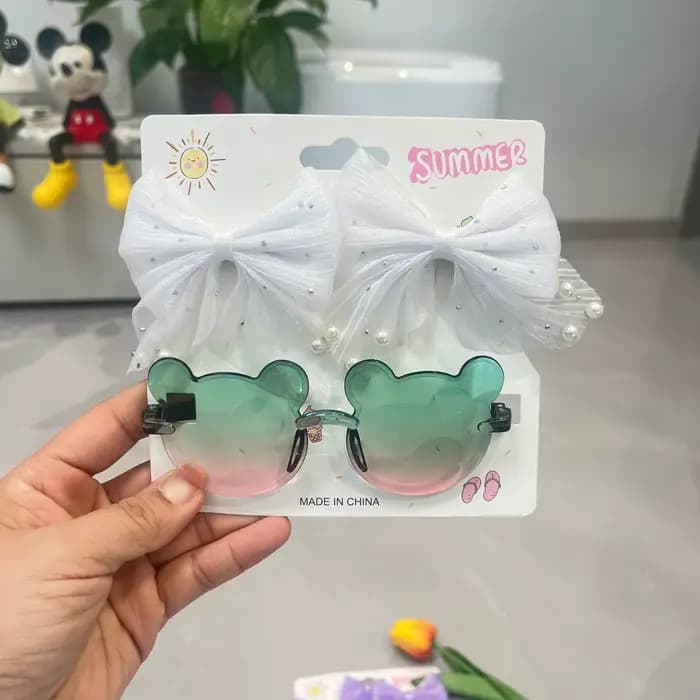 Ensemble d'accessoires d'été pour filles : Lunettes de soleil dégradées en forme d'ours mignon