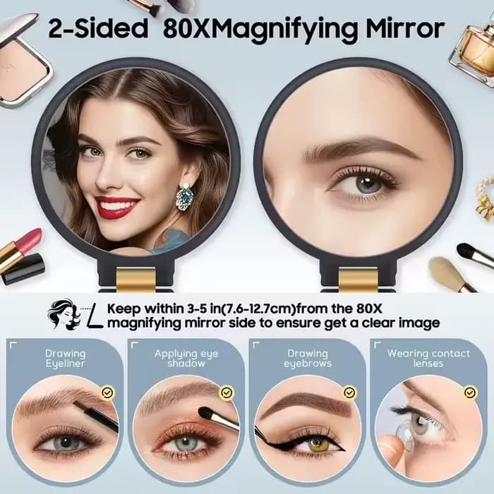 1 miroir de maquillage double face grossissant, grossissement 1X/80X, surface miroir haute définition/matériau ABS de haute qualité, peut être utilisé à la main, pliable ou suspendu comme un miroir de