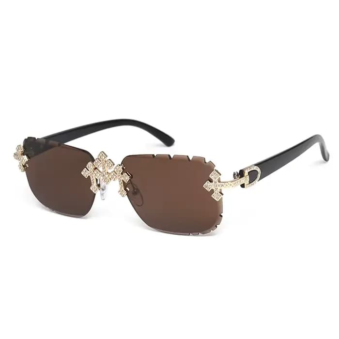 2025 mode carré sans monture lunettes de soleil pour femmes croix diamant métal cadre