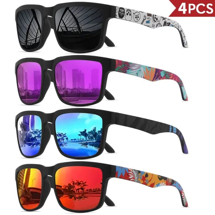 Lunettes de soleil de sport carrées 4 pièces avec motif de temple de créateur - UV400 pour hommes et femmes