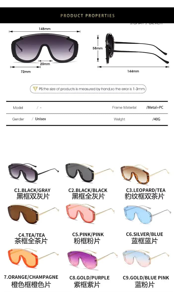 Lunettes de soleil intégrées à grand cadre pour hommes et femmes