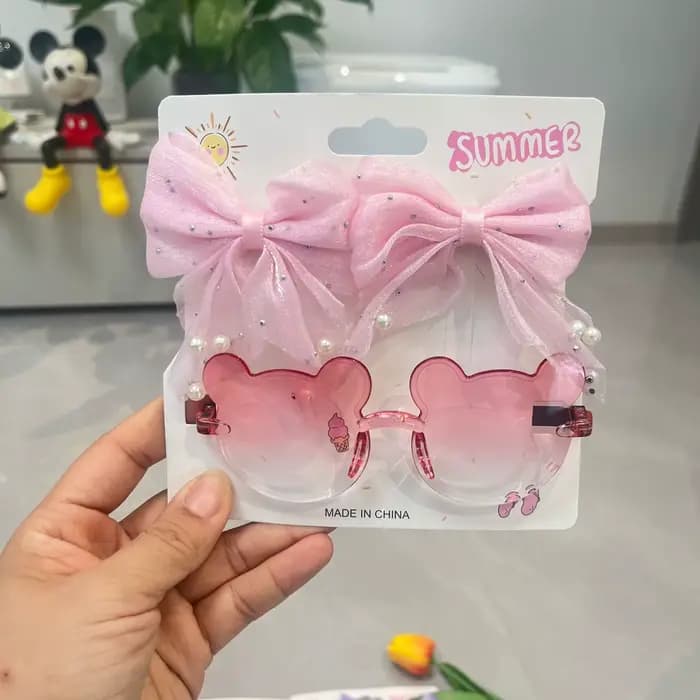 Ensemble d'accessoires d'été pour filles : Lunettes de soleil dégradées en forme d'ours mignon