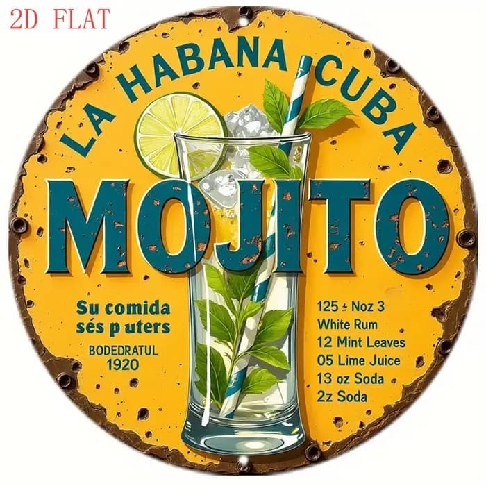 1 plaque vintage avec recette de cocktail Mojito - Décoration de bar cubain avec citron vert, menthe, rhum - Décoration rétro pour cuisine, pub, terrasse - Facile à poser