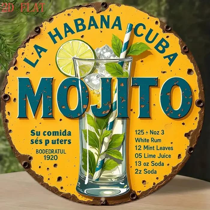 1 plaque vintage avec recette de cocktail Mojito - Décoration de bar cubain avec citron vert, menthe, rhum - Décoration rétro pour cuisine, pub, terrasse - Facile à poser