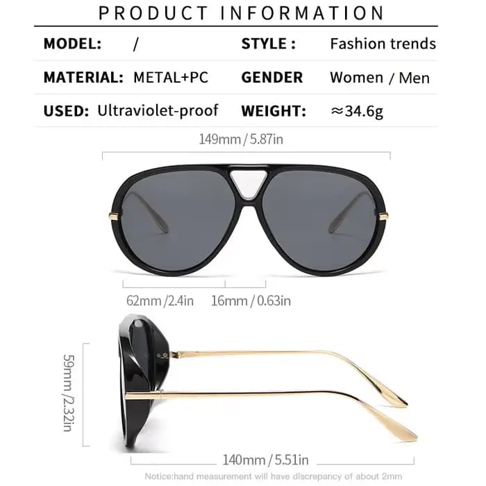 Nouvelles lunettes de soleil aviateur surdimensionnées pour femmes et hommes