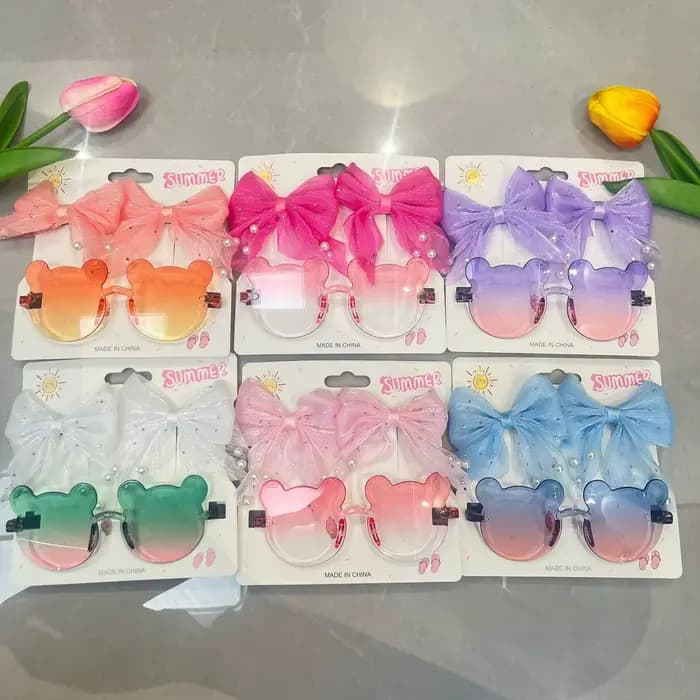 Ensemble d'accessoires d'été pour filles : Lunettes de soleil dégradées en forme d'ours mignon