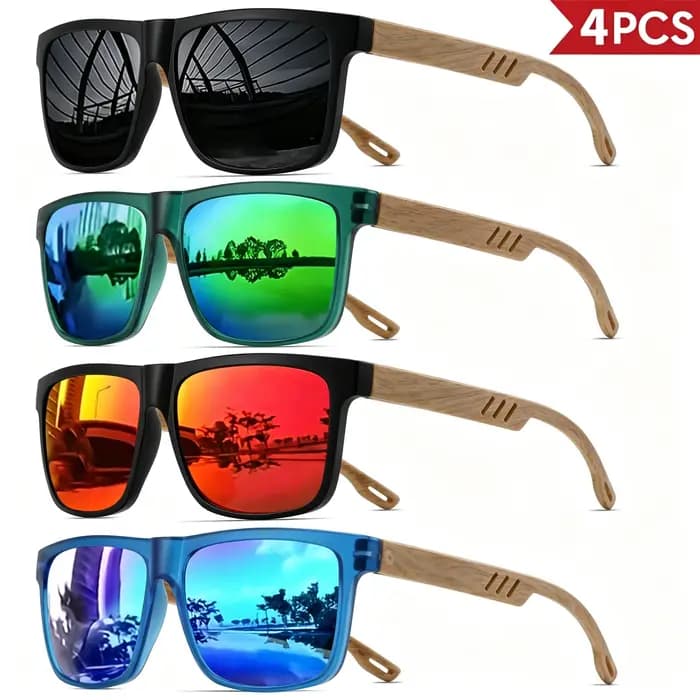 Ensemble de 4 lunettes de soleil style grain de bois – Montures carrées classiques rétro