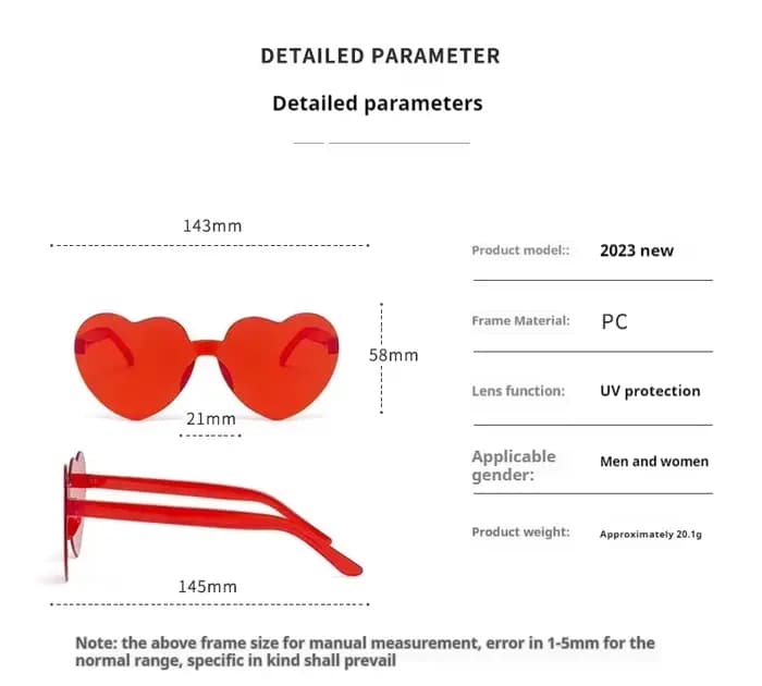 Lunettes de soleil sans cadre en forme de cœur