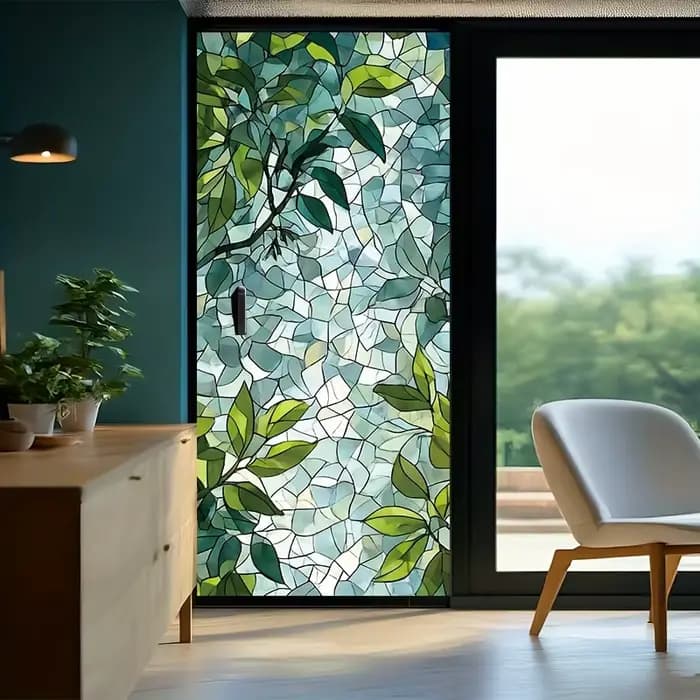 1 pièce Film adhésif statique pour fenêtre en verre teinté motif feuille verte - Film électrostatique givré - Autocollant décoratif de confidentialité pour la maison et la salle de bain