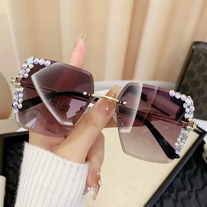 1 paire de lunettes à verres dégradés carrés sans cadre pour femmes à la mode avec décoration en cristal et matériau métallique