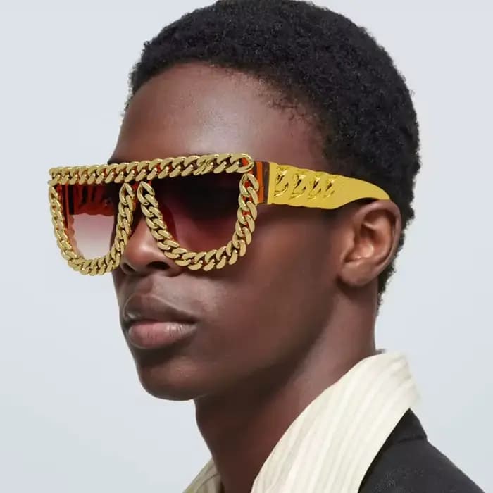 Lunettes de soleil carrées surdimensionnées avec chaîne en or pour hommes