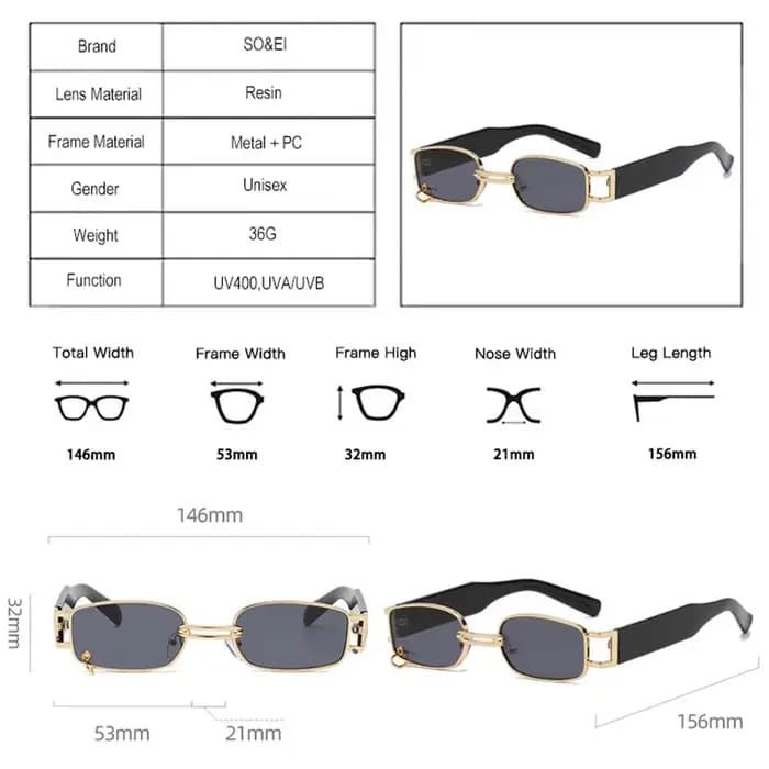 SO & EI Ins mode populaire petit rectangle femmes lunettes de soleil de luxe Vintage anneau en métal décoration hommes