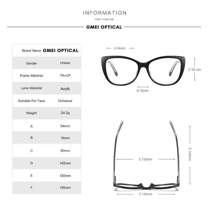 Gmei optique mode femmes lunettes oeil de chat cadre Transparent clair femme myopie Prescription
