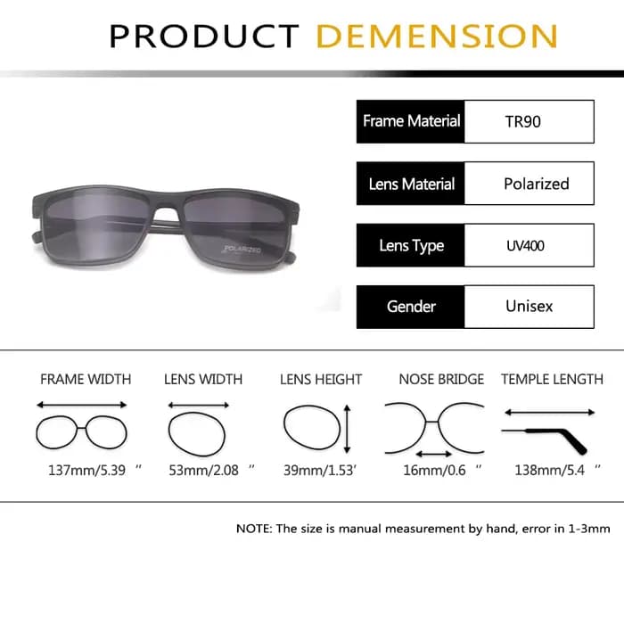 Lunettes carrées polarisées cadre aimant Clip-On