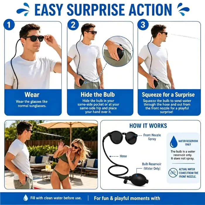 Lunettes de soleil amusantes à jet d'eau avec tube dissimulé pour farces