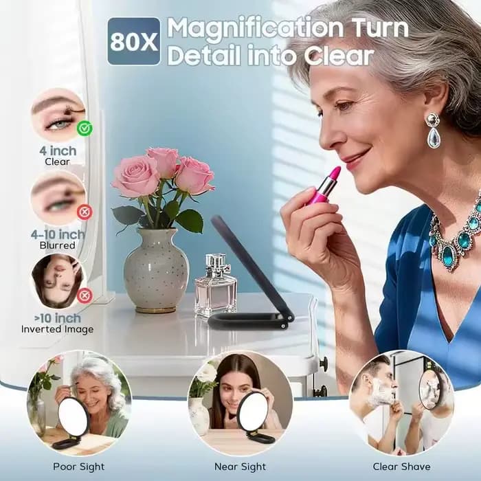 1 miroir de maquillage double face grossissant, grossissement 1X/80X, surface miroir haute définition/matériau ABS de haute qualité, peut être utilisé à la main, pliable ou suspendu comme un miroir de