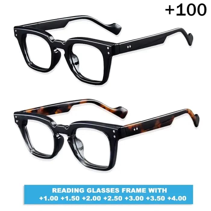 Un paquet de deux lunettes bifocales carrées noires et écaille de tortue. Simple et discret