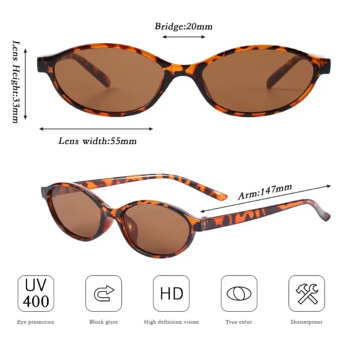 Nouvelles Lunettes de Soleil Femme Ovale Rétro Marron Léopard Monture Fine Tendance
