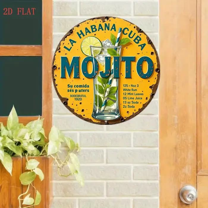 1 plaque vintage avec recette de cocktail Mojito - Décoration de bar cubain avec citron vert, menthe, rhum - Décoration rétro pour cuisine, pub, terrasse - Facile à poser