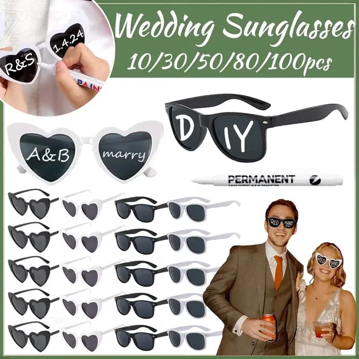 100-10 pièces lunettes de soleil de mariage bricolage lunettes de soleil coeur personnalisées avec stylo lunettes de fête d'enterrement de vie de jeune fille cadeaux de demoiselle d'honneur pour les i