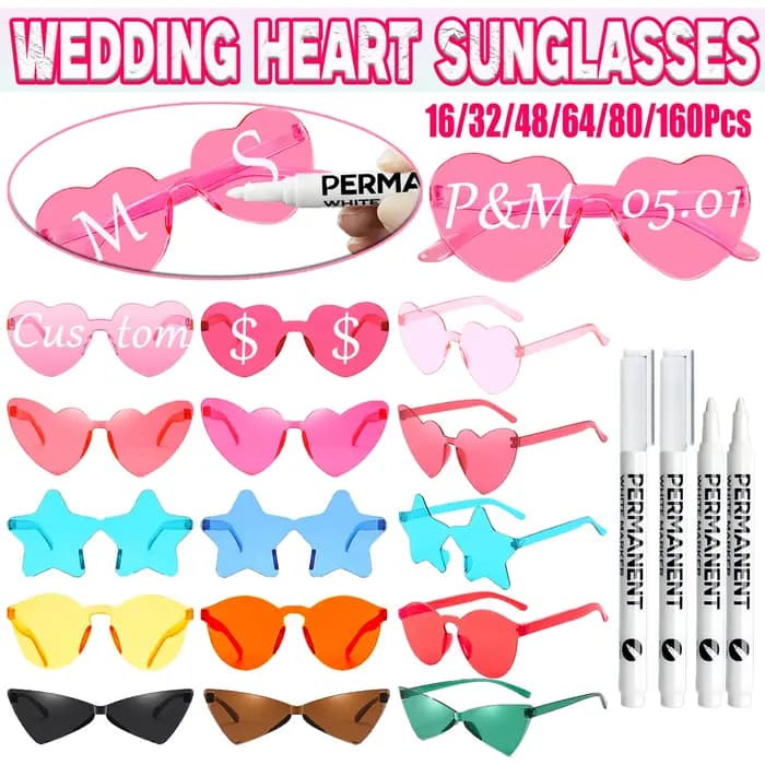16-160 pièces lunettes de soleil de mariage personnalisées lunettes de soleil coeur personnalisées avec stylos de peinture pour adultes bricolage cadeaux de fête d'anniversaire de mariage