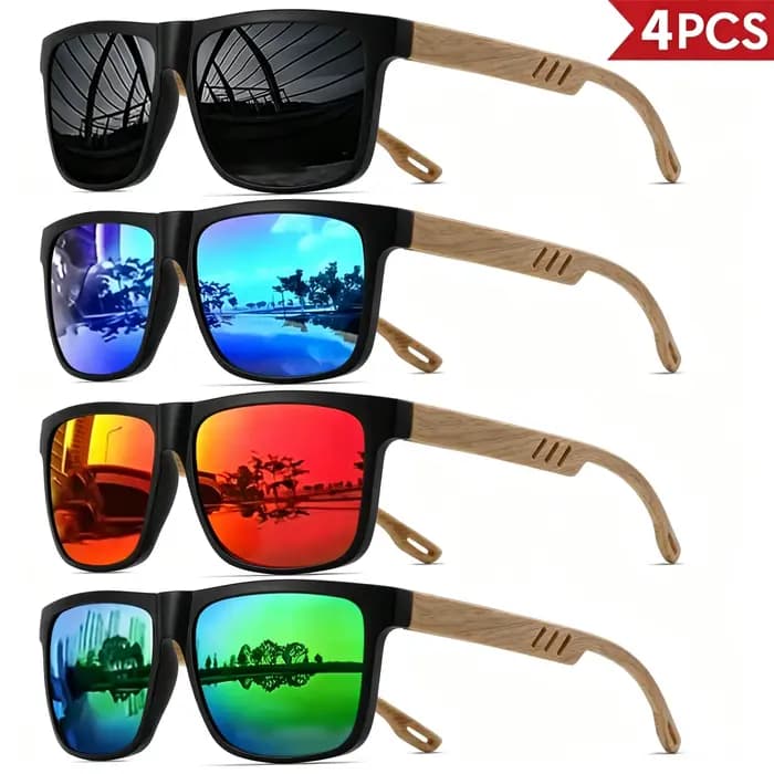 Ensemble de 4 lunettes de soleil style grain de bois – Montures carrées classiques rétro
