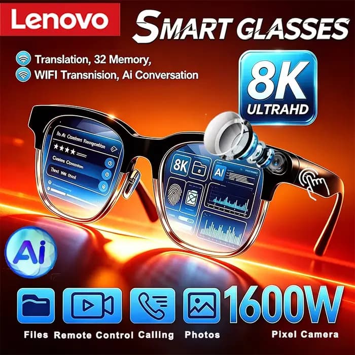 Lunettes intelligentes sans fil Lenovo AI, commande tactile, Bluetooth, télécommande, enregistrement photo et vidéo, traducteur, assistant vocal, óculos inteligente